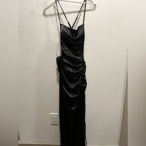 Women Drape Slit Open Back Prom Black Tie Dressa
